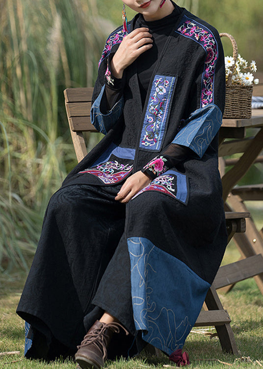 Black Embroideried Denim Patchwork Long Cardigan Fall