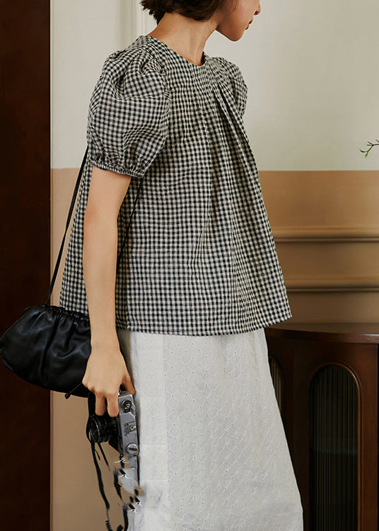 French O-neck Wrinkled Puff Sleeve Plaid Cotton Top