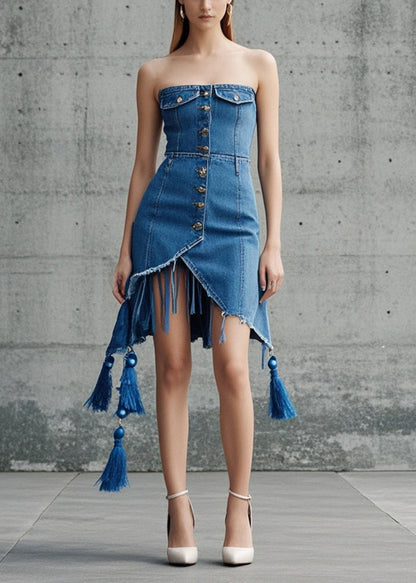 Blue Tasseled Asymmetrical Design Denim Day Strapless Dress Summer