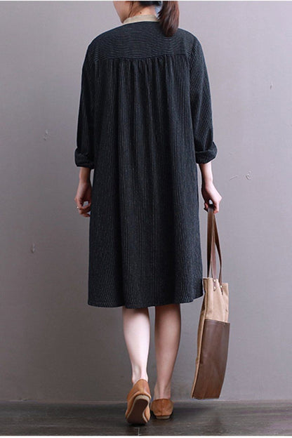 Stripe Literary Dress, Loose A-shape High Waist Dress
