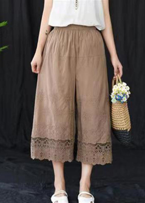 Grey Embroidered Elastic Waist Cotton Crop Pants Summer