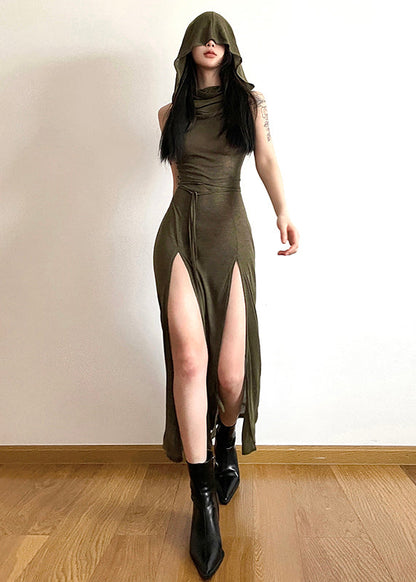 Vogue Army Green Turtleneck Side Open Hooded Long Dress Summer