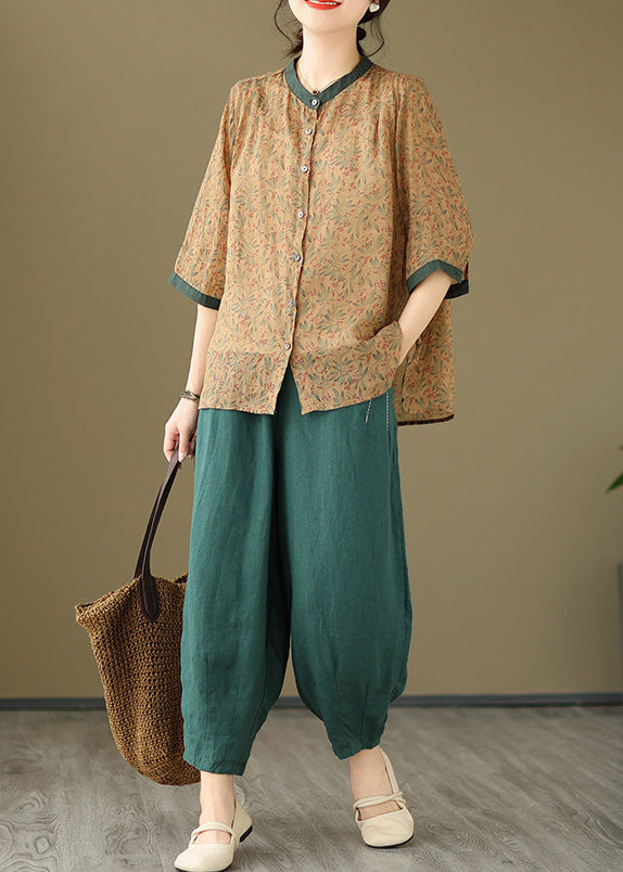 Khaki Pink Tops and Linen Crop Pants Cotton Two Pieces Set Spring