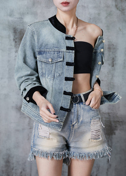 Blue Grey Mandarin Collar Patchwork Chinese Button Denim Coat Fall