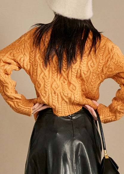 Natural Orange O-neck Cable Thick Cotton Knit Sweaters Winter