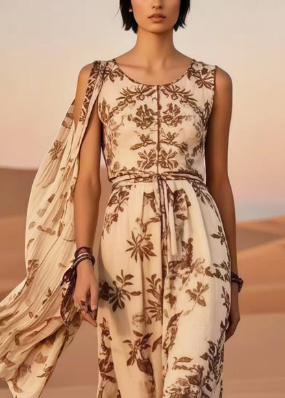 Khaki Asymmetrical Print Cotton Holiday Dresses Summer