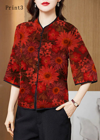 Red Mandarin Collar Print Silk Shirt Tops Half Sleeve