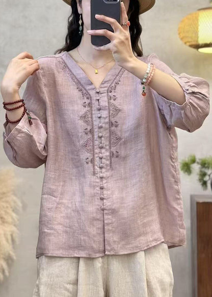 Grey V Neck Embroidered Linen Shirts Bracelet Sleeve