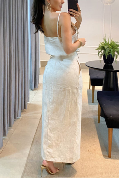 Charming Lady Linen Blend Embellishment Tank and High Rise Pocketed Slit Skirt Set