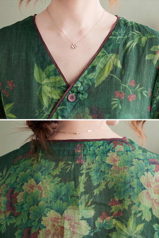 -new Green Dress Ramie Print Maxi Dress