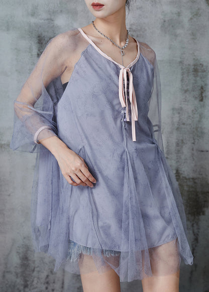Grey Oversized Patchwork Tulle Top Summer
