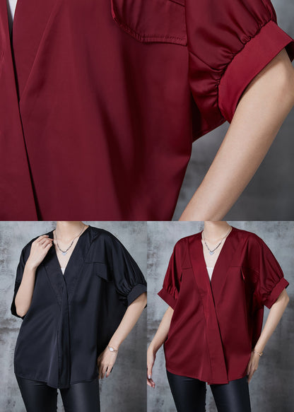 Black V Neck Patchwork Silk Shirt Top Summer