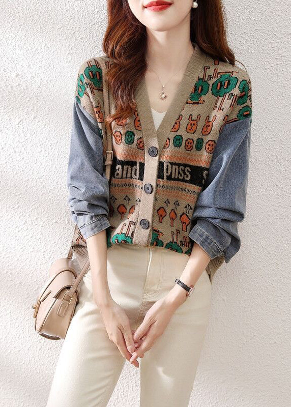 Black V Neck Button Patchwork Knit Sweaters Cardigan Fall