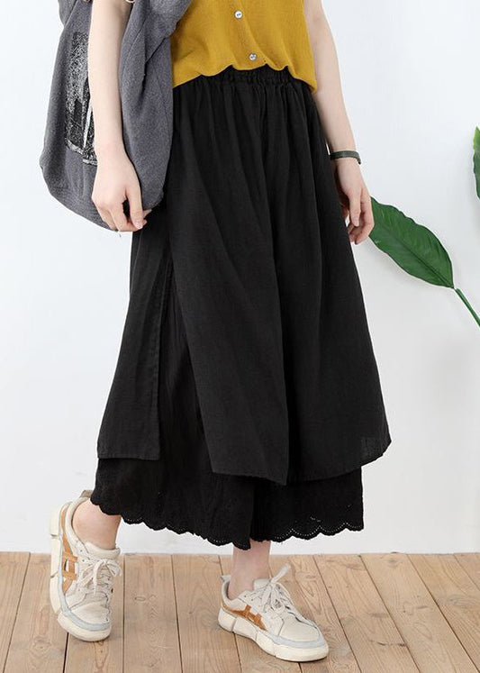 Black Lace Linen Pants Skirt Elastic Waist Summer