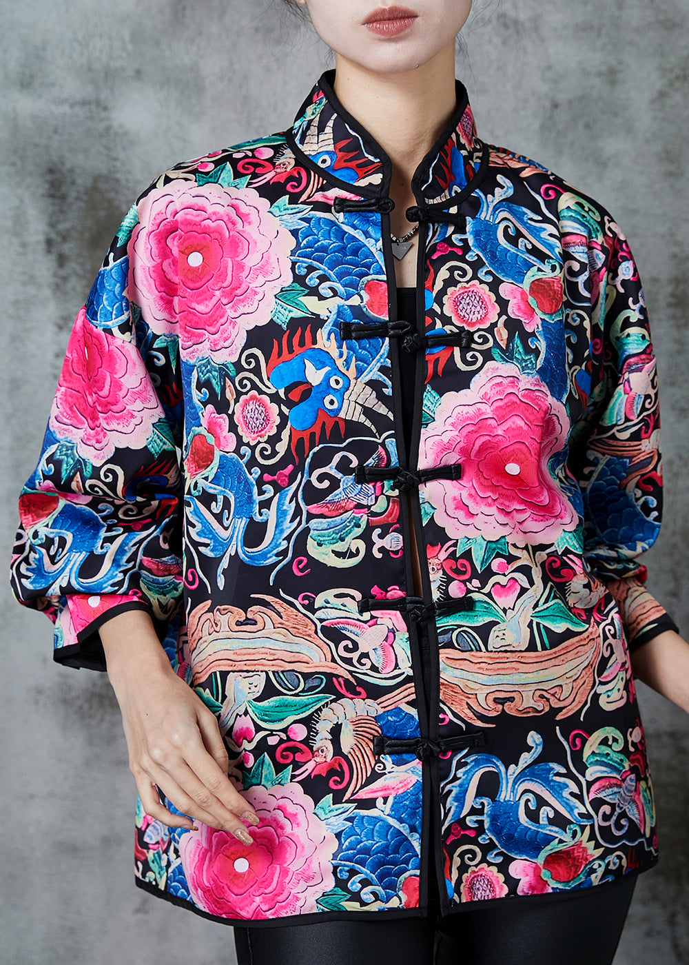 Black Embroidered Silk Chinese Style Coats Spring