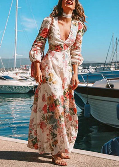 V Neck Print Cotton Dress Long Sleeve