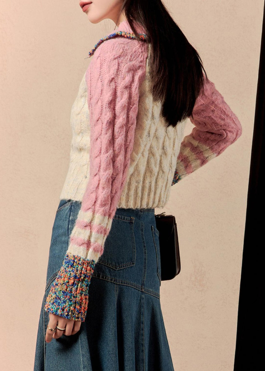 Pink Zip Up Patchwork Knit Sweaters Winter