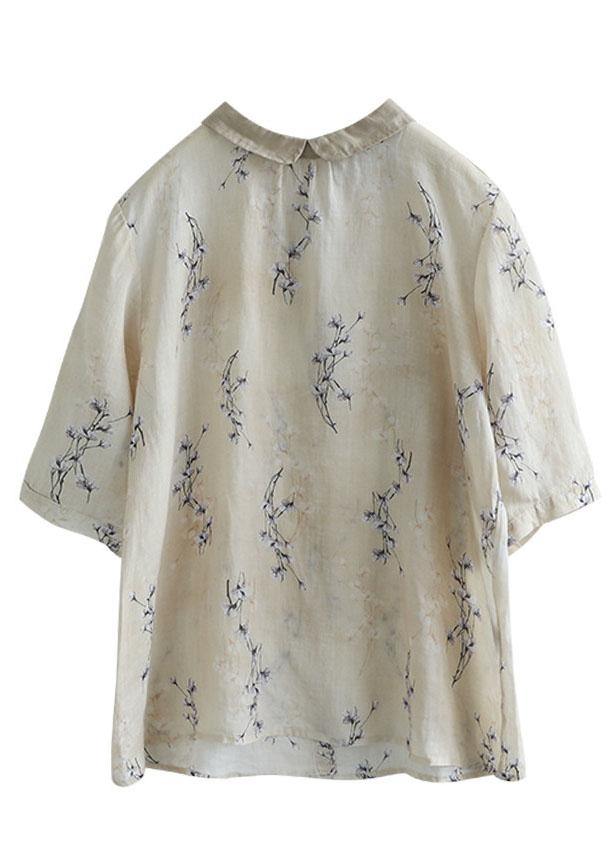 Modern Green Peter Pan Collar Print Summer Ramie Half Sleeve Tops