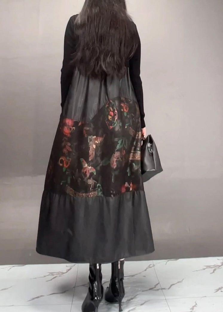 Black Print Patchwork Wrinkled Maxi Dress Fall
