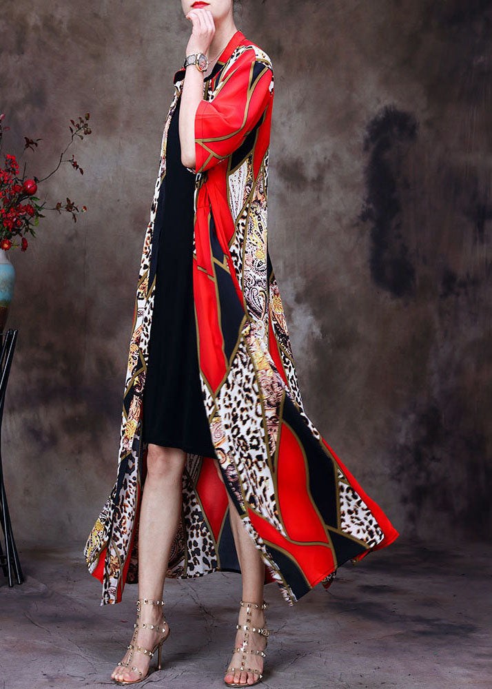 Red Stand Collar Leopard Print Chiffon Long Cardigans Summer