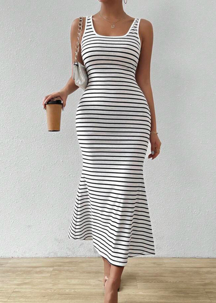 Slim Fit U Neck Striped Cotton Long Dress Sleeveless