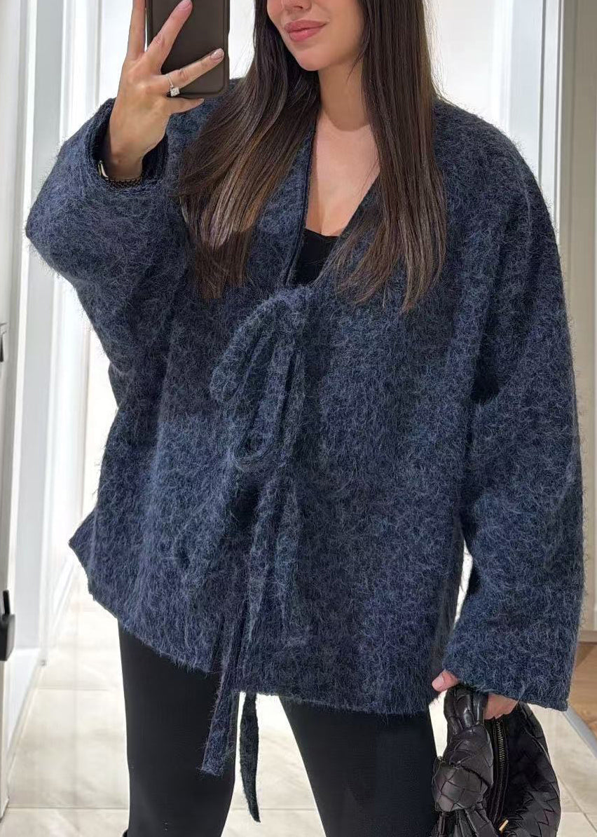 Boutique Mulberry V Neck Lace Up Woolen Coat Fall