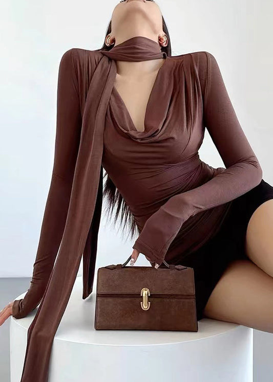 Slim Fit Brown Turtle Neck Cotton T Shirts Fall