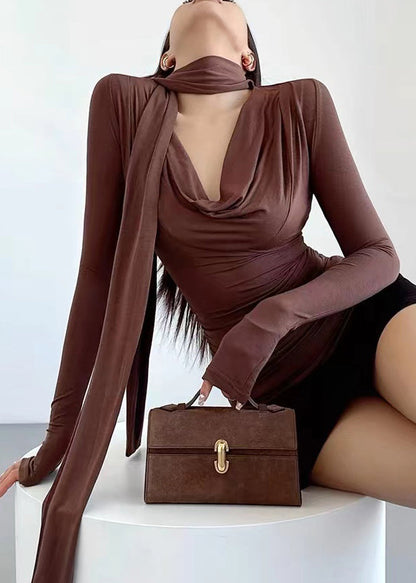 Slim Fit Brown Turtle Neck Cotton T Shirts Fall