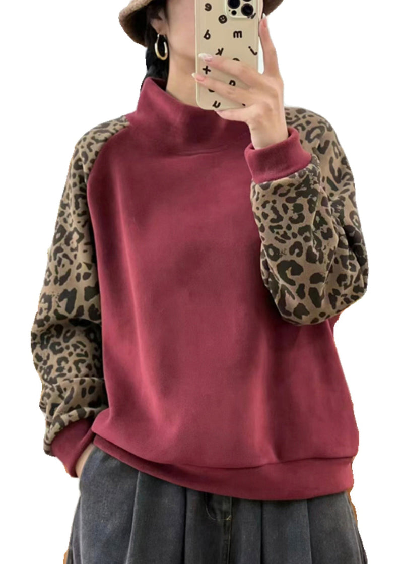 Red Hign Neck Leopard Patchwork Warm Fleece Sweatshirts Top Winter