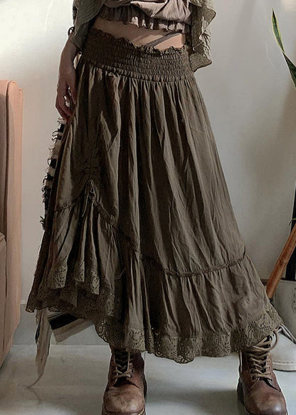 Army Green Ruffled Cinched Elastic Waist Cotton Skirts Fall
