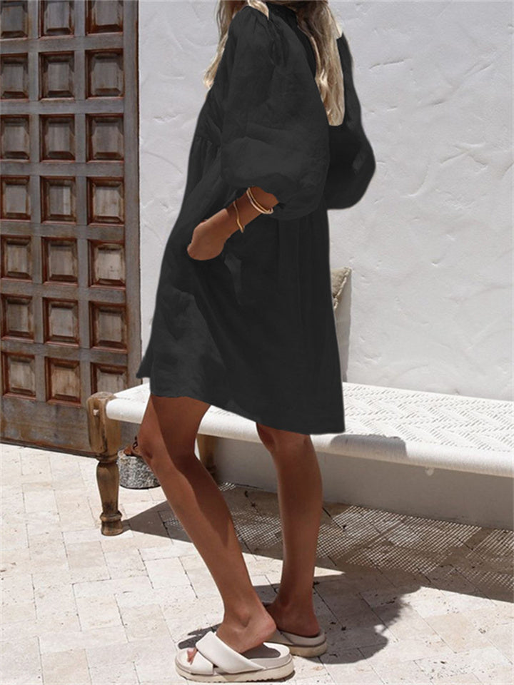 Loose V-neck Dress Bubble Sleeve Color Cotton Linen Dresses