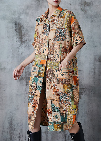 Khaki Oversized Print Chiffon Shirt Dress Summer