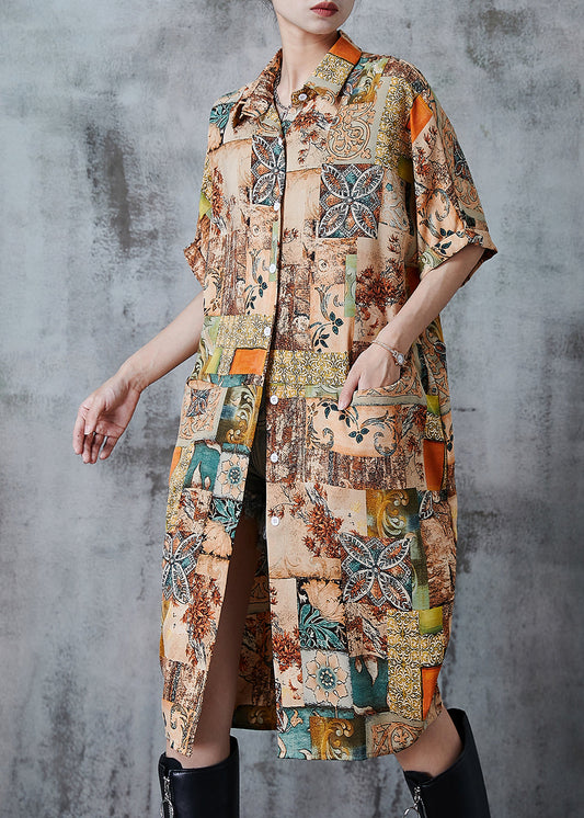 Khaki Oversized Print Chiffon Shirt Dress Summer