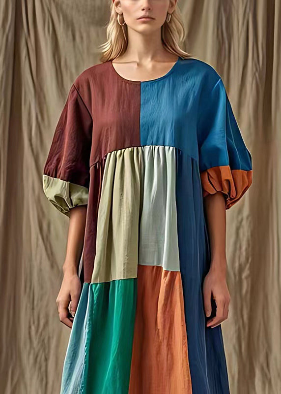 Style Colorblock Puff Sleeve Cotton Long Dress