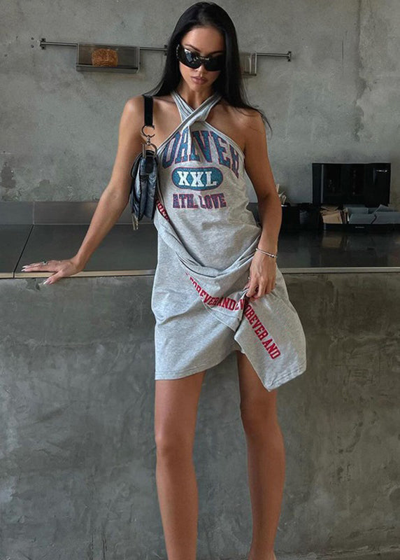 Grey Graphic Hanging Neck Irregular Dress