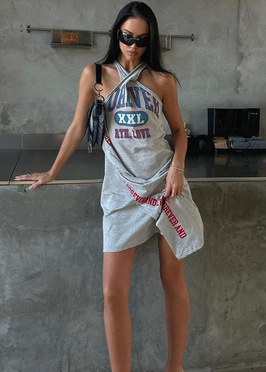 Grey Graphic Hanging Neck Irregular Dress