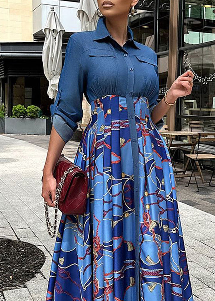 Blue Denim Patchwork Print Wrinkled Dress Autumn