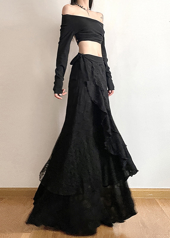 Black Asymmetrical Patchwork Cotton Skirts Fall