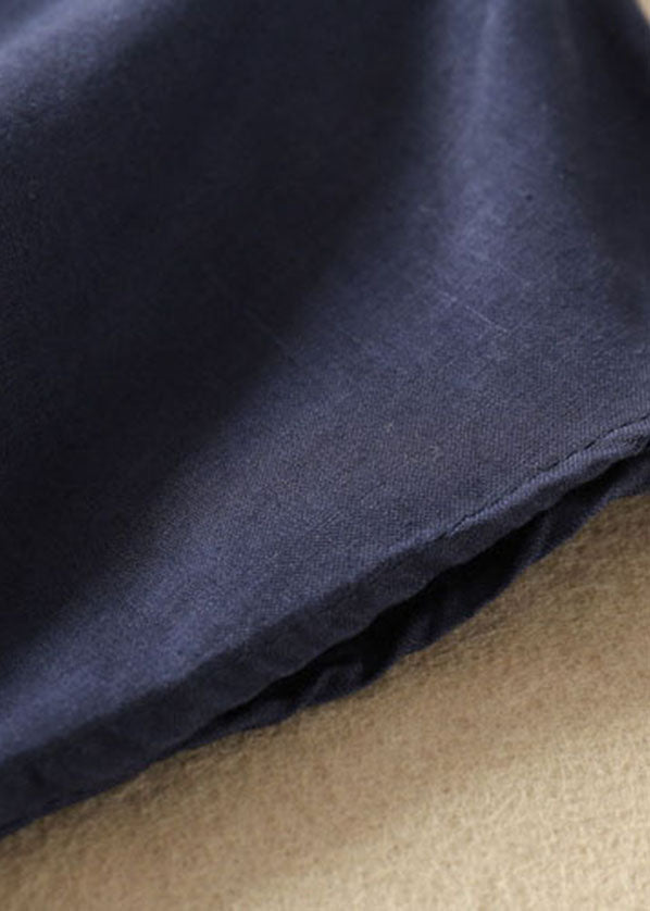 Simple Navy Peter Pan Collar Color Linen Shirts Short Sleeve