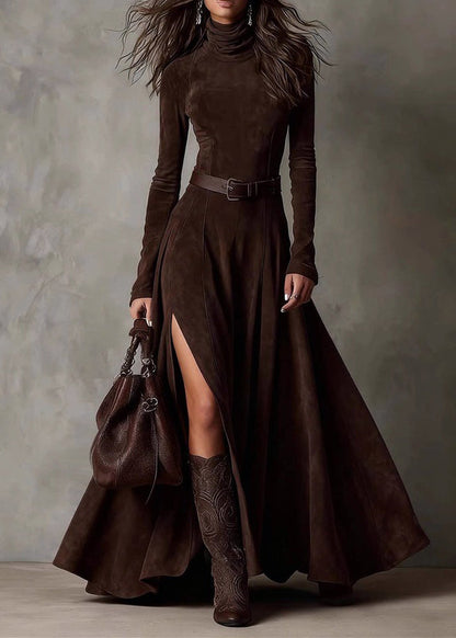 Coffee Patchwork Sashes Side Open Maxi Dresses Spring