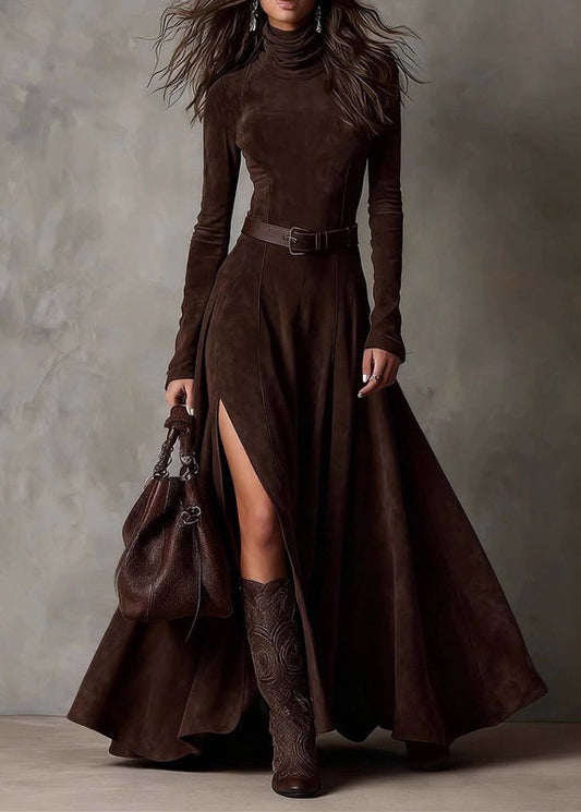 Coffee Patchwork Sashes Side Open Maxi Dresses Spring