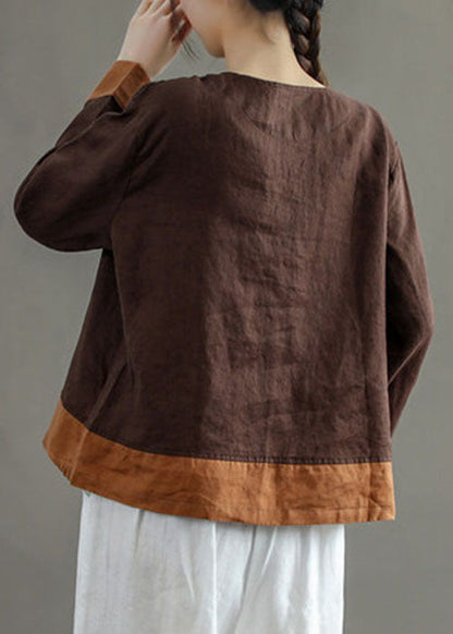 Chocolate O-neck Embroidered Patchwork Linen Shirt Tops Long Sleeve
