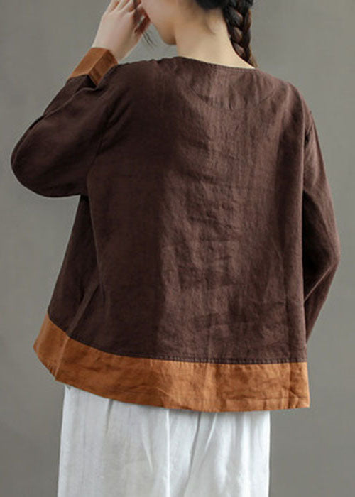 Chocolate O-neck Embroidered Patchwork Linen Shirt Tops Long Sleeve