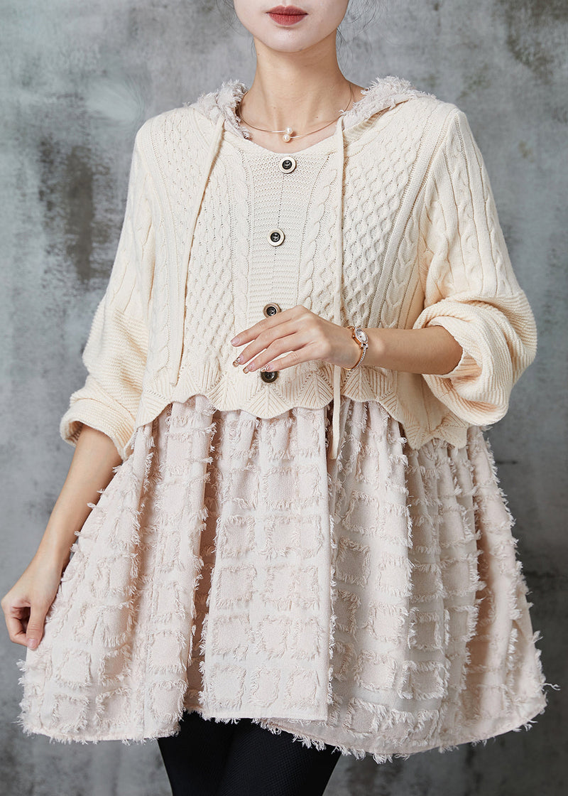Beige Hooded Patchwork Knit Dress Spring