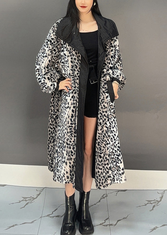 Dark Grey Leopard Patchwork Pockets Long Trench Coat Spring