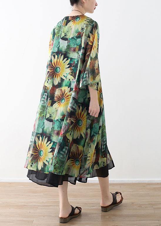 Green Print Long Sleeve Chiffon Long Cardigan