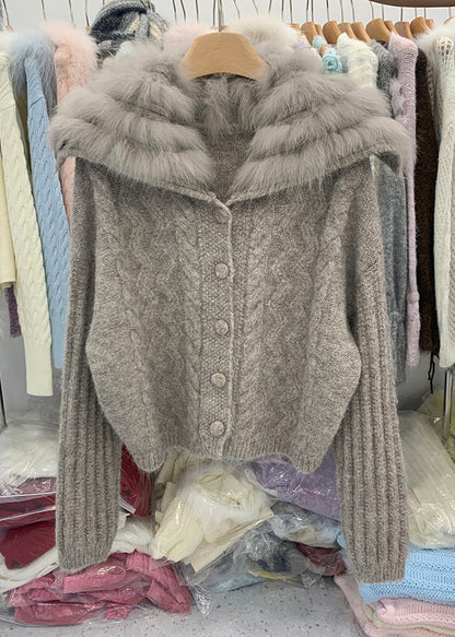 Coffee Fox Collar Zippered Patchwork Cotton Knit Cardigans Winter