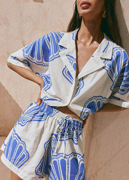 Blue Notched Print Shirts and Shorts Pajama Set