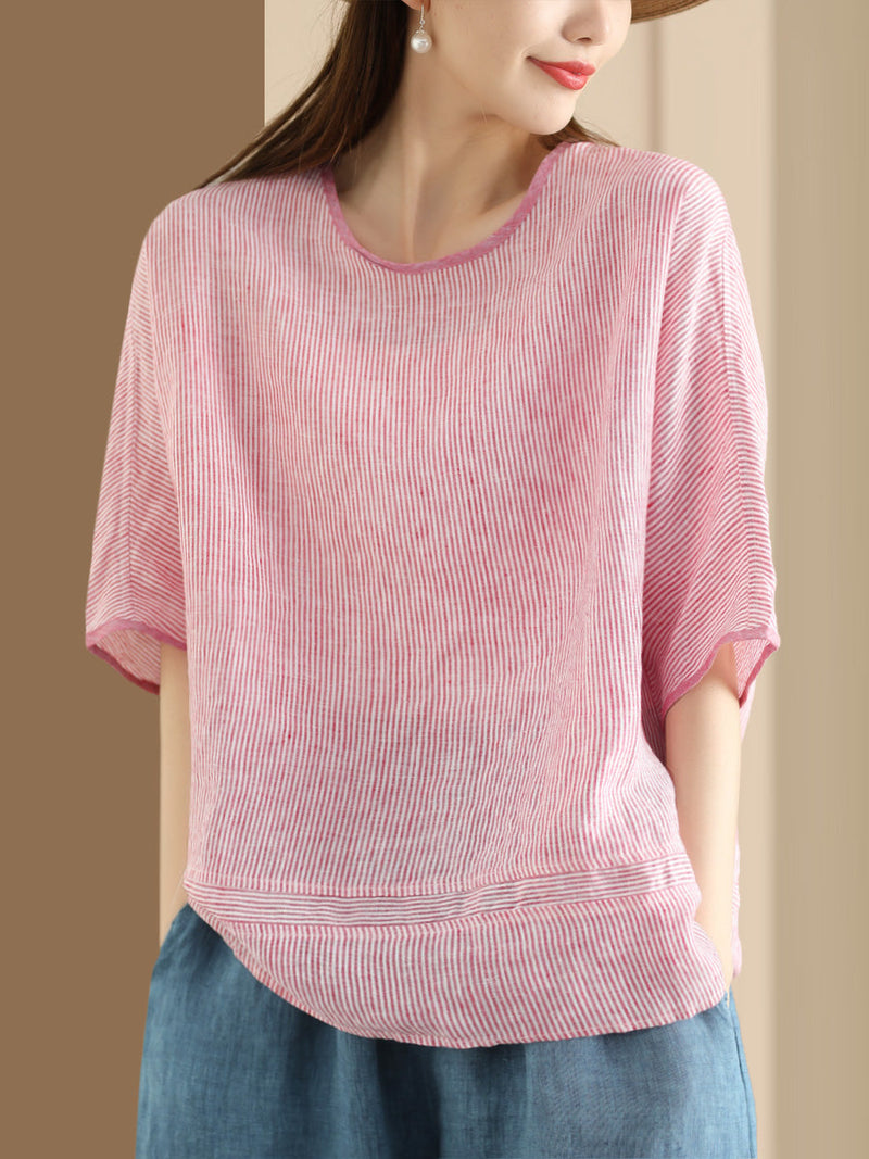 Summer Stripe Spliced Linen Shirt
