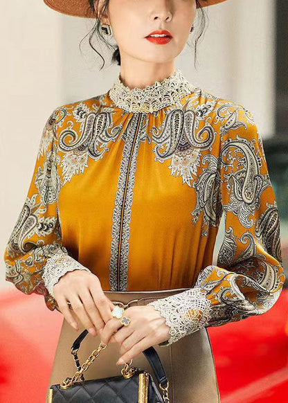 Yellow Stand Collar Embroideried Patchwork Print Chiffon Blouse Tops Long Sleeve